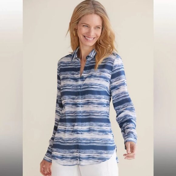Soft Surroundings Striped Button-Up Long-Sleeve Classic Layering Top Sz. L - Picture 1 of 10